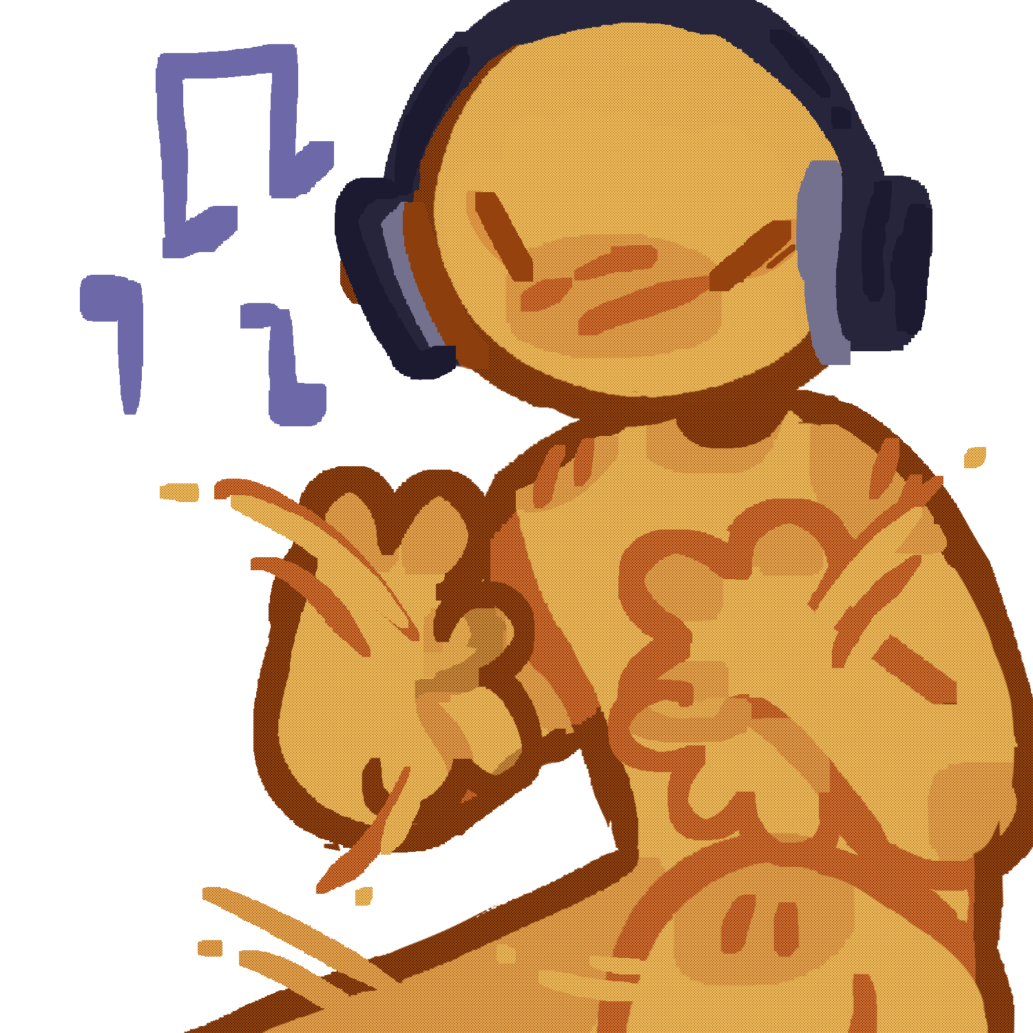 a yellow figure, seated, flapping their hands. they are wearing headphones that are playing music